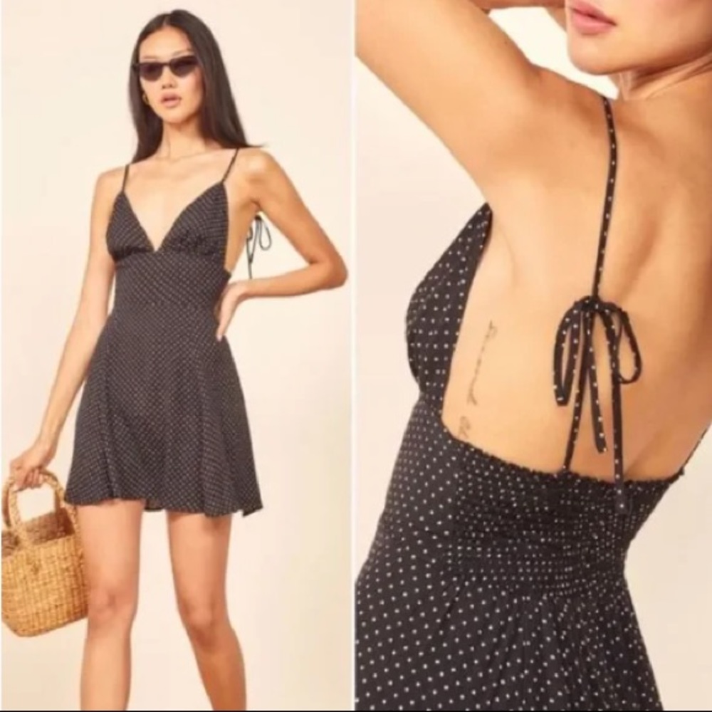 Reformation Rouelle Mini Dress Black Polka Dot spaghetti tie strap